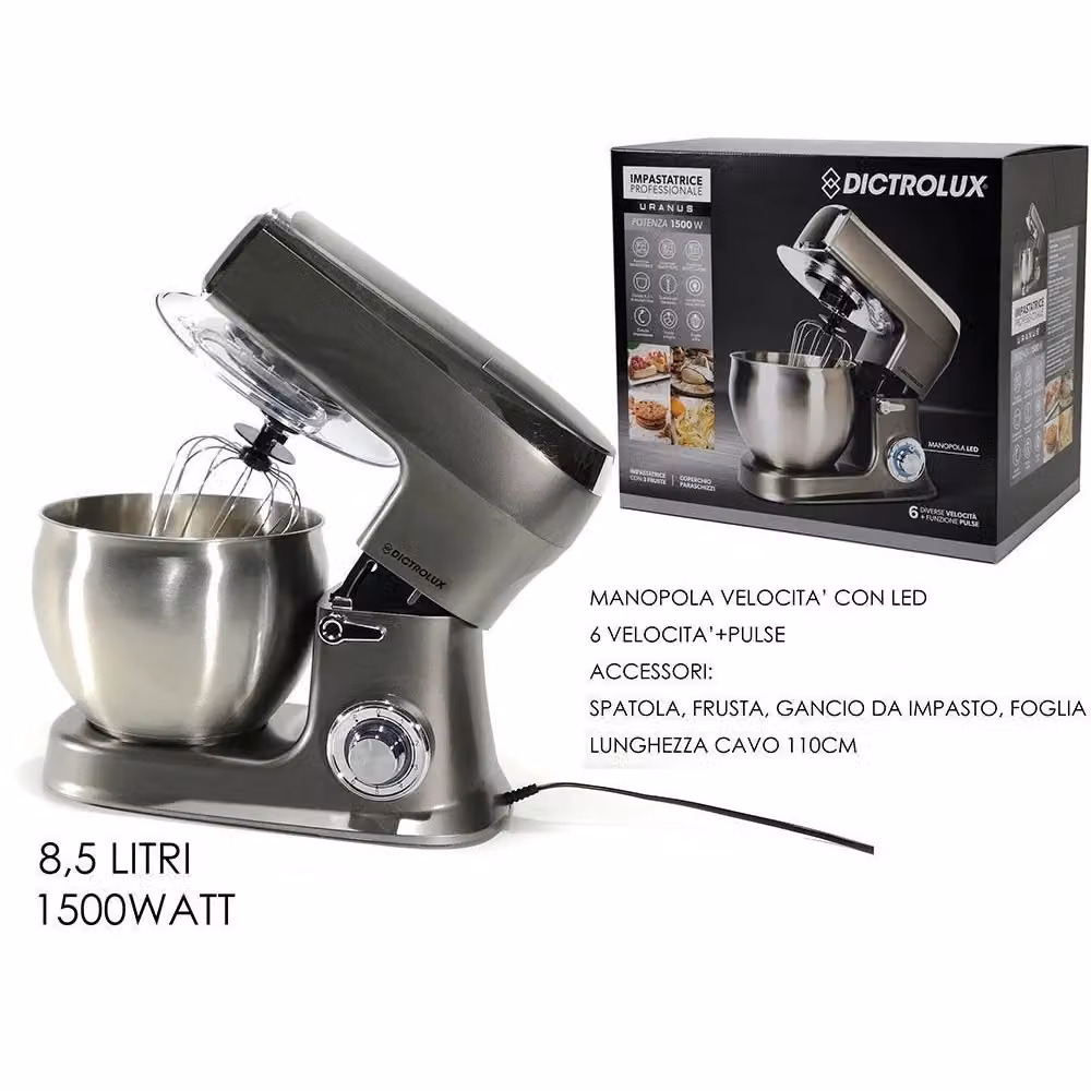 Impastatrice Planetaria Professionale Trade Shop Traesio in Acciaio Inox Grigio con Ciotola da 8,5 l, 1500 W, 6 Velocità, Funzione Pulse e Display LED – 2