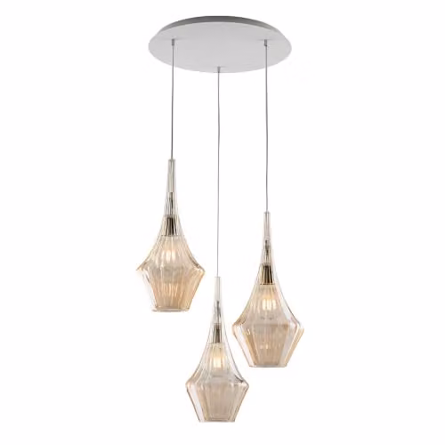 Lampadario Moderno Zeus Metallo Bianco Vetro Ambra 3 Luci E27