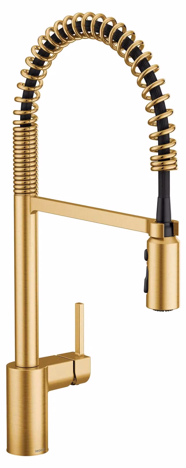 Miscelatore monocomando per cucina, con doccetta estraibile a molla, funzione di potenziamento del flusso e finitura in oro spazzolato