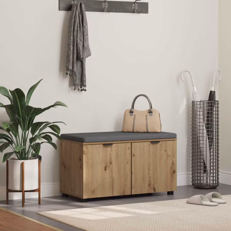 vidaXL Panca per scarpe moderna in legno rovere con cuscino in tessuto marrone e grigio L: 80 cm, P: 38 cm, H: 46 cm