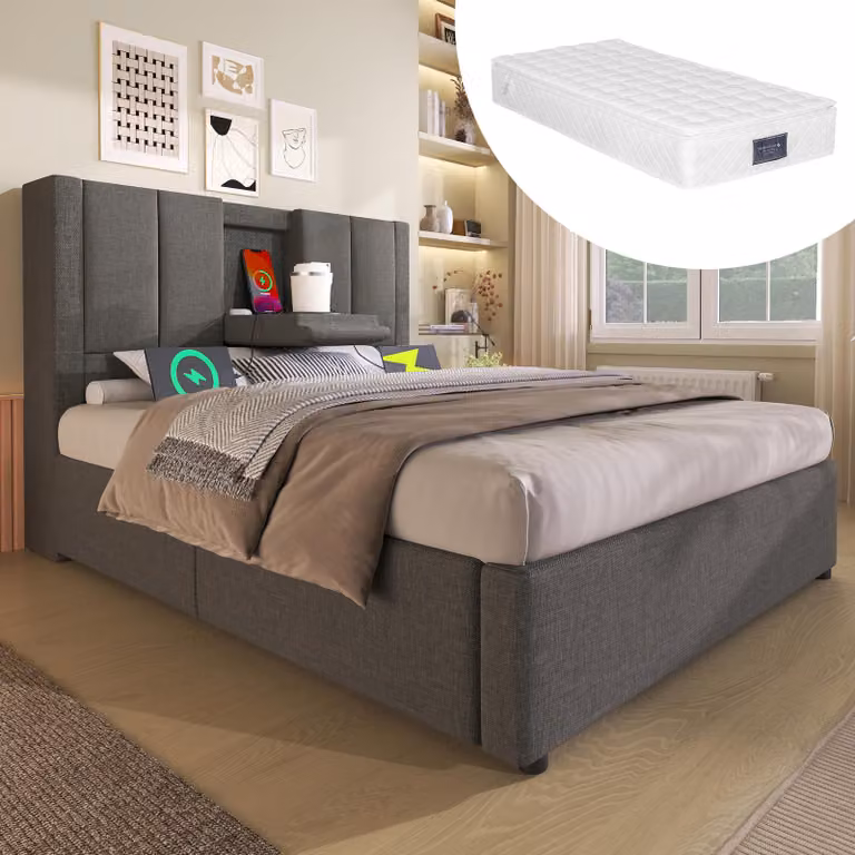 MODFU letto imbottito con materasso 90x200 struttura letto singolo con portabicchieri e stazione di ricarica, struttura letto idraulica in lino, grigio