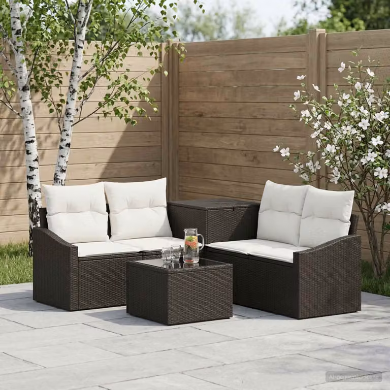 Set di divani da giardino vidaXL a forma di L in polyrattan con tavolino e pouf, nero e bianco crema