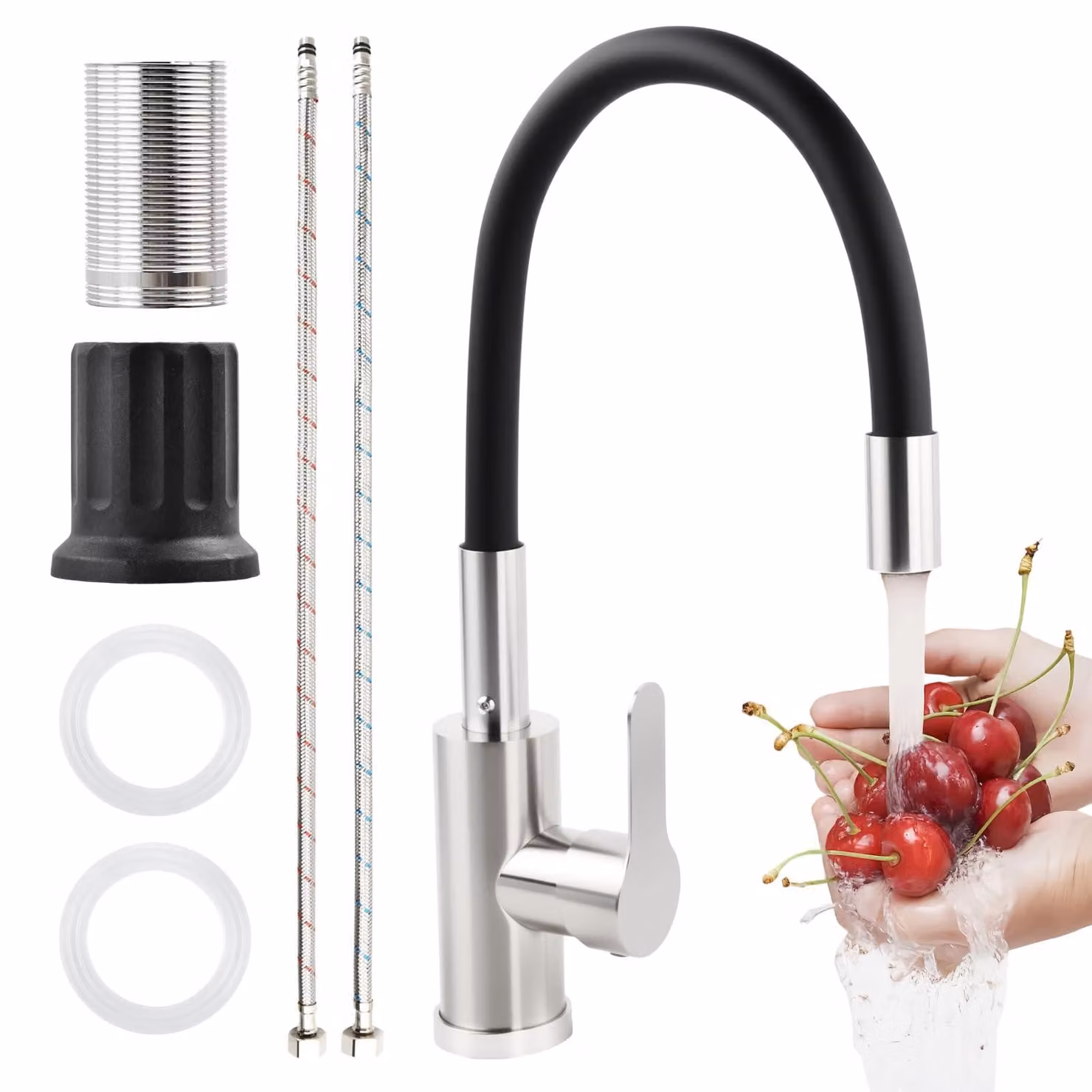 Rubinetto da cucina flessibile, girevole a 360 gradi, miscelatore monocomando, cromo, nero