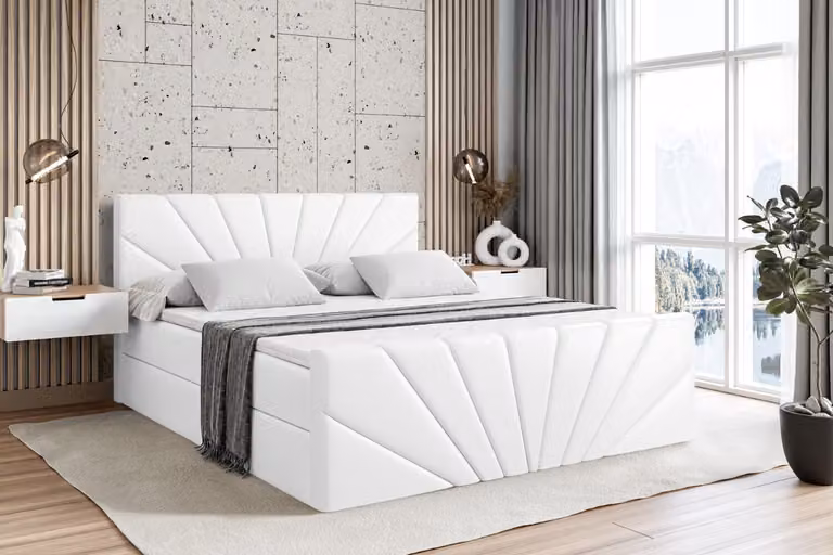 Letto boxspring ALTDECOR con pediera, materasso H4 e topper - 160x200 cm - MILTIO-Z - Pelle finta bianca - Letto imbottito con contenitore e rete a doghe, letto con spazio contenitivo