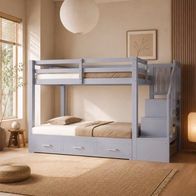 Letto a castello con letto estraibile 90/180 x 190 cm; 3 cassetti e scala contenitore; grigio