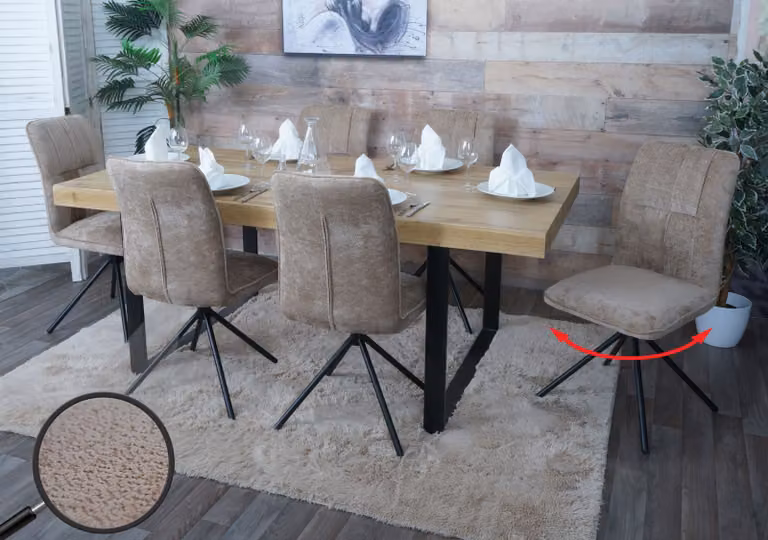 Set di 6 sedie da pranzo modello HWC-N99, sedia da cucina, girevole con sistema di ritorno automatico, rivestita in tessuto chenille (340g/m²), colore beige chiaro