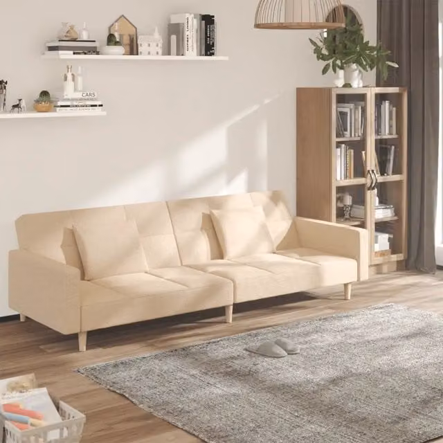 Divano Letto Click-Clack vidaXL in Tessuto Beige con 2 Cuscini e Struttura in Legno Massiccio per Soggiorno