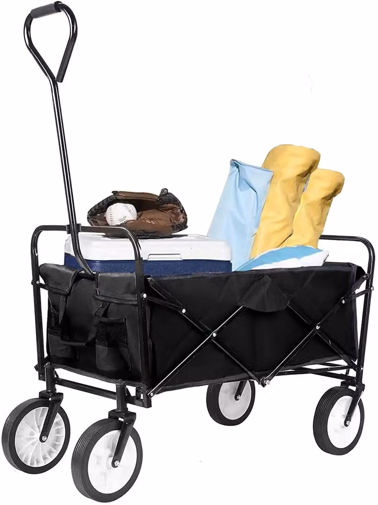 Carrello pieghevole – ideale per giardino e spiaggia – capacità di carico: 80 kg – volume: 262 litri – 4 ruote – dimensioni da chiuso: 76x51x20 cm – colore: nero