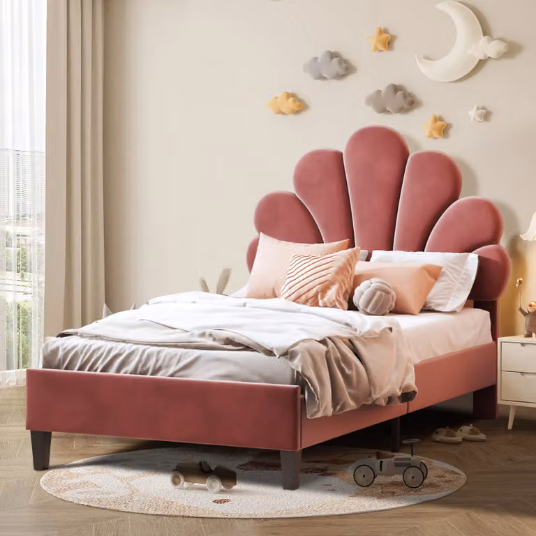 Letto singolo imbottito Fortuna-Lai 90 x 200 cm - con testata a forma di fiore, rete a doghe, velluto - per adulti e bambini - rosso