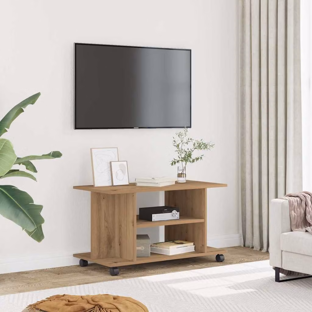 Mobile TV vidaXL in legno multistrato color rovere con ruote, L 80 cm, P 40 cm, H 45 cm