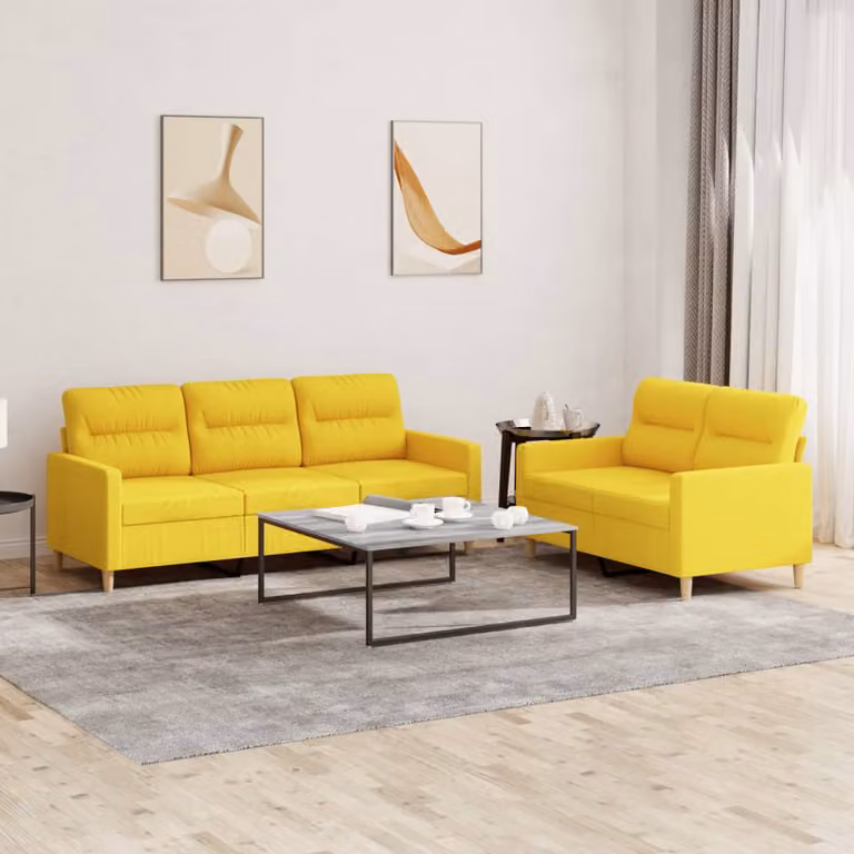 Set di Divani vidaXL composto da un divano a 2 posti e uno a 3 posti in Tessuto Giallo con Cuscini per Soggiorno Moderno