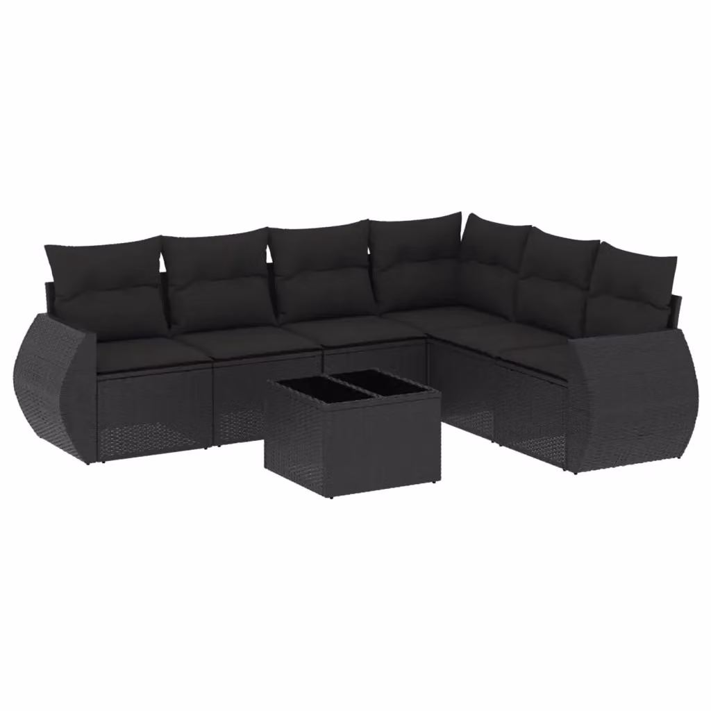 vidaXL Set Divani da Giardino a L con Cuscini 7pz in Polyrattan Nero e Tavolino in Vetro – 2