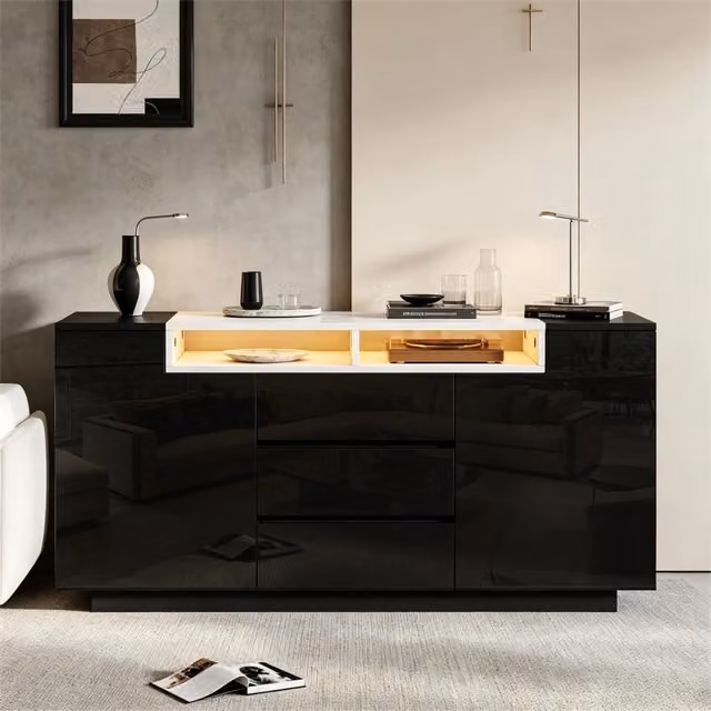 Cassettiera com¨° 2 ante 3 cassetti ¨C Minimal ¨C nero lucido 140x40x68cm legno soggiorno con ripiani regolabili e luci LED