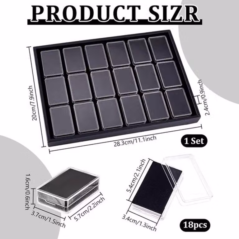18 pezzi - Contenitore con coperchio - Organizer - Scatola espositiva - Contenitore esterno nero - Include tappetino in spugna