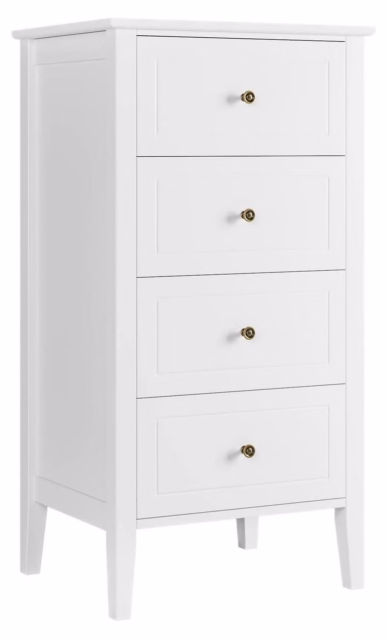 Comodino con 4 cassetti, colore bianco, stile scandinavo, dimensioni 50x40x95 cm, realizzato in MDF