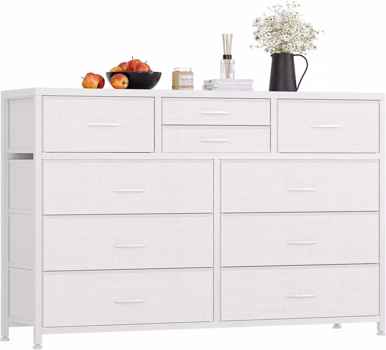 Comodino con cassetti, mobiletto laterale, versatile, capiente, colore bianco, realizzato in materiale composito di legno (MDF/pannello truciolare), struttura in metallo robusta, resistente.