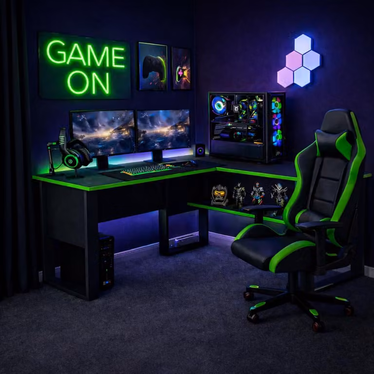 Scrivania da gaming Homidea Arena a forma di L – Scrivania angolare per gamer e home office – Ampia scrivania per computer – Design moderno – Nero/verde