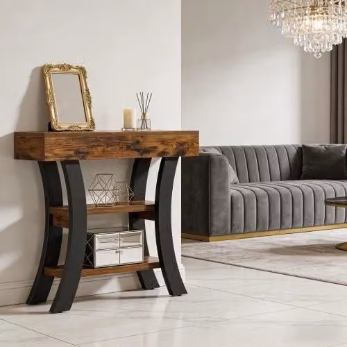 Consolle Mivray con tre ripiani aperti in MDF e metallo, colore nero e marrone rustico, L: 105 cm, P: 30 cm, H: 80 cm – 1