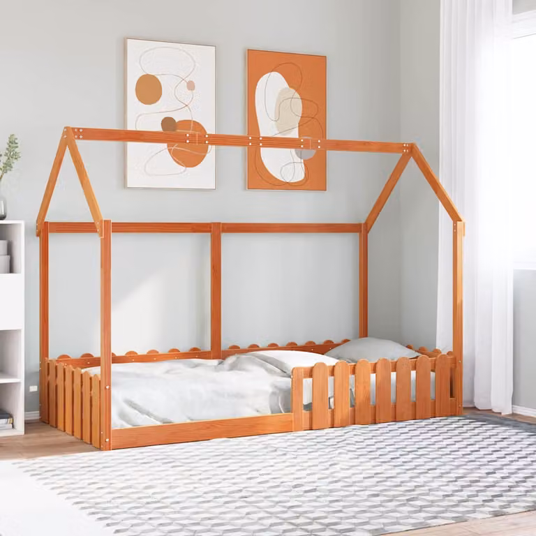 vidaXL Giroletto Casetta per Bambini in Legno di Pino Massello, Colore Marrone Cera, 90 x 190 cm