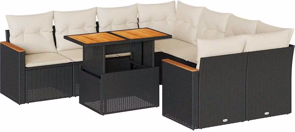 Set Divani da Giardino 9 pz con Cuscini Nero Polyrattan Acacia