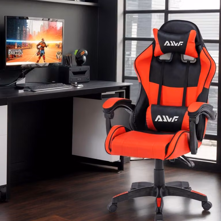 Sedia ergonomica per giocatori e per l'ufficio, girevole, con supporto lombare e poggiatesta, e con altezza regolabile