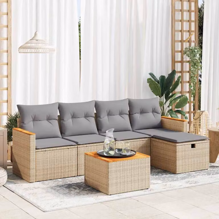 Set Divano da Giardino vidaXL 6 pz a Forma a L in Polyrattan con Cuscini Beige e Tavolino da Esterno