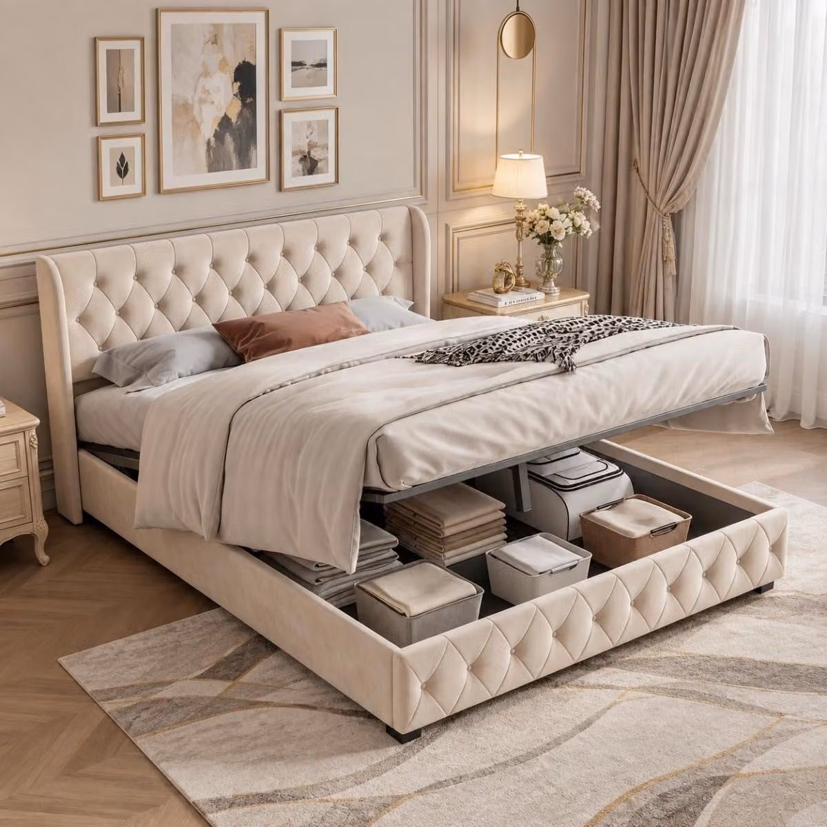 Letto matrimoniale idraulico INONEFT, 140x190 cm, con struttura a molle, rete a doghe, imbottitura, testiera e contenitore, ideale per coppie, ragazzi, rivestito in velluto, colore beige