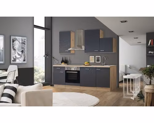 Mobile cucina con elettrodomestici Flex Well Tiago 220 cm colore frontale grigio basalto opaco colore mobile rovere san remo chiaro
