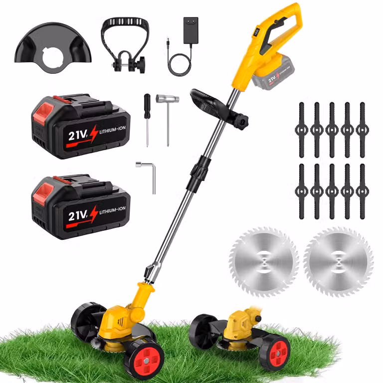Tagliasiepi a batteria - Dispositivo per eliminare le erbacce - 500 W - 7800 giri/min - 21 V - 2 batterie da 3000 mAh - Telescopio regolabile da 95 a 135 cm - Colore: giallo