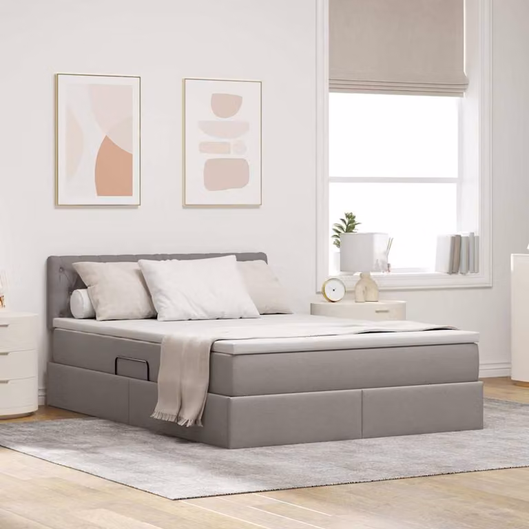 Letto con contenitore e illuminazione LED vidaXL in tessuto beige con porta USB, L/P/H: 140 x 200 x 103 cm