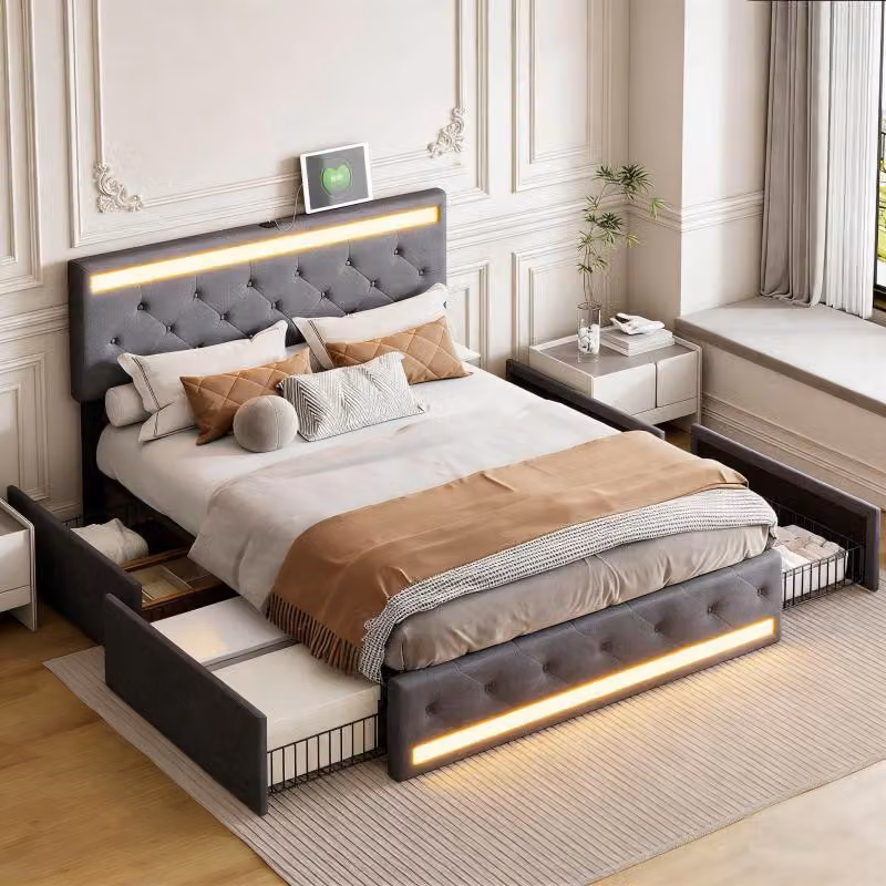 Letto imbottito INONEFT, 180x200 cm, con 4 cassetti, letto per ragazzi/coppie con LED e USB/Type-C, letto contenitore in legno massello con rete a doghe, rivestito in lino, colore grigio