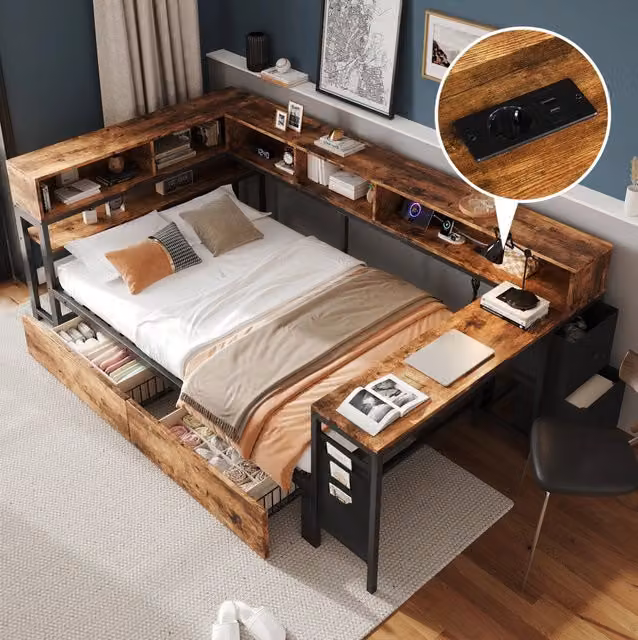 Letto singolo 120x200 cm in metallo e legno con 2 cassetti; ripiani e ricarica; nero/naturale