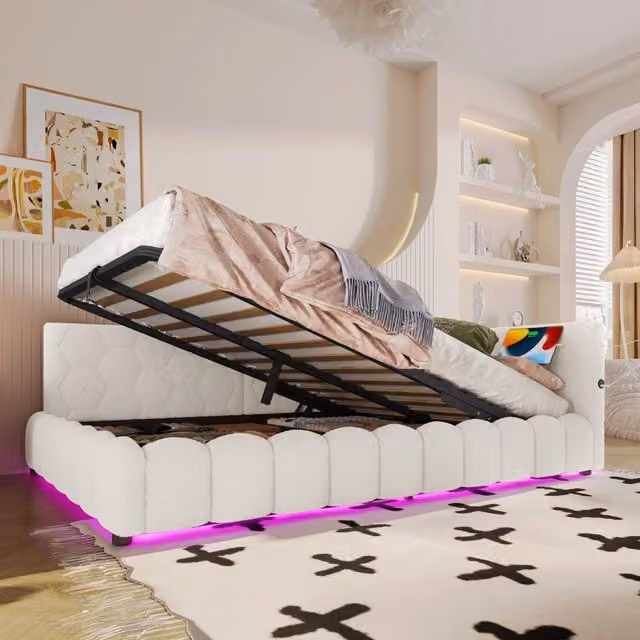 Letto da giorno 140x200 cm con rete a doghe (senza materasso), barra LED, meccanismo idraulico, USB e Type-C, tessuto non tessuto - Bianco