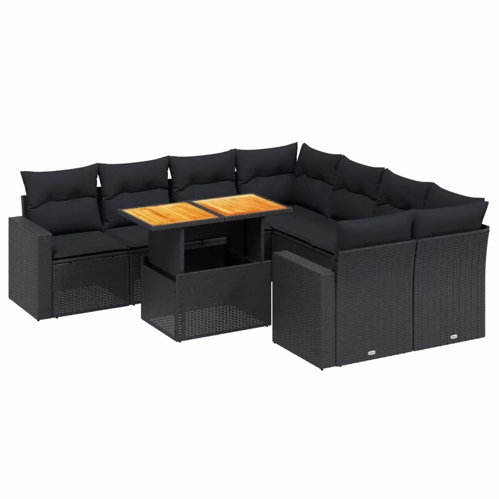 vidaXL Set Divani da Giardino a L 9 pz in Polyrattan Nero con Cuscini e Tavolino da Esterno – 2