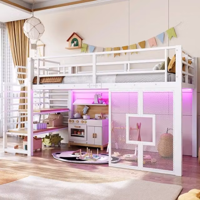 Letto a soppalco singolo 90 × 200 cm con scala contenitore, LED regolabile e finestre, senza materasso, bianco