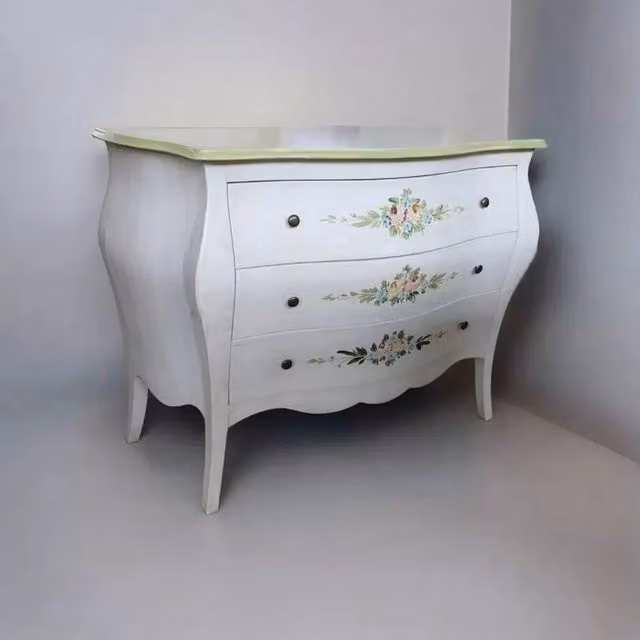 Cassettiera in legno shabby chic con 3 cassetti Mobili 2G bianco anticato e decori floreali verdi L: 118 cm, P: 50 cm, H: 85 cm – 2