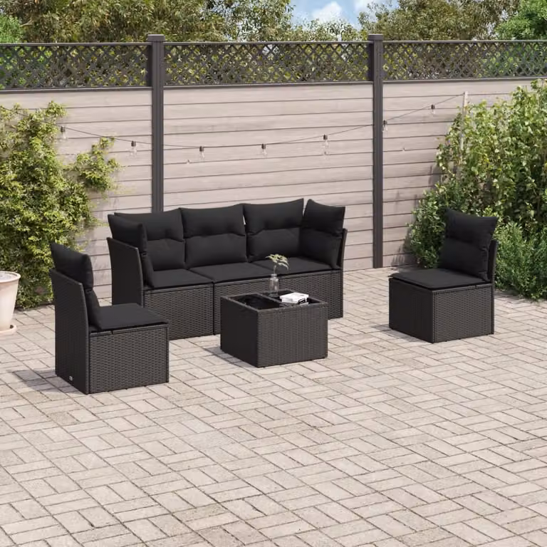 vidaXL Set Divano da Giardino 6 pz in Polyrattan Nero con Cuscini e Tavolino da Caffè