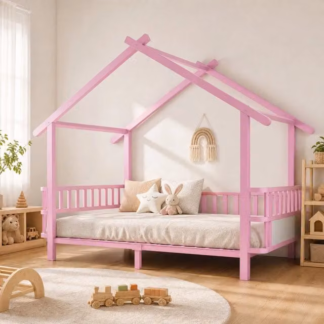 Letto per bambini MODFU a forma di casa in metallo rosa L/P/H: 90 x 200 cm