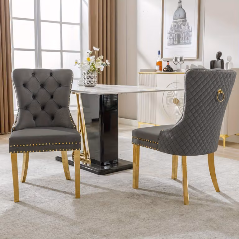 Set di 2 sedie da pranzo - Eleganti sedie grigie con dettagli dorati e gambe in acciaio inossidabile