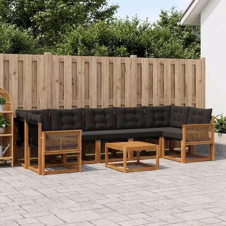 Set di divani da esterno vidaXL 8 pz in legno di acacia con tavolino e cuscini, colore marrone e nero