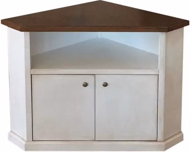Mobile porta TV d'angolo con 2 ante in legno di pino stile shabby chic bicolore bianco e marrone Mobili 2G L: 72 cm, P: 63 cm, H: 80 cm