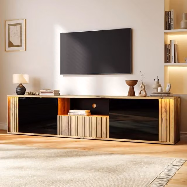 Desviae Mobile porta TV con 2 ante 1 cassetto e LED Bluetooth in MDF e pannello truciolare nero naturale 180 × 40 × 51 cm