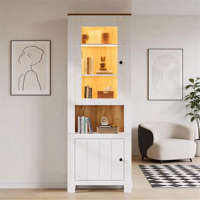 Vetrina alta con 2 ante, 6 ripiani e LED, per soggiorno, in pannello truciolare e vetro, bianco, 70 × 40 × 188 cm