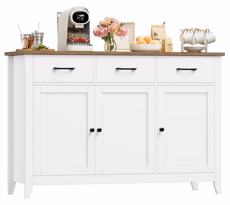 Credenza con piano di lavoro, 3 cassetti, 3 ante, 1 ripiano fisso e 1 ripiano regolabile, dimensioni 120x40x85 cm, colore bianco