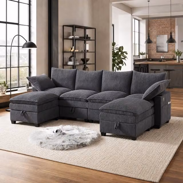 Divano Modulare a L REDOM Grigio in Velluto a Costine, 5-6 Posti, L/P/H: 280 x 151 x 82 cm