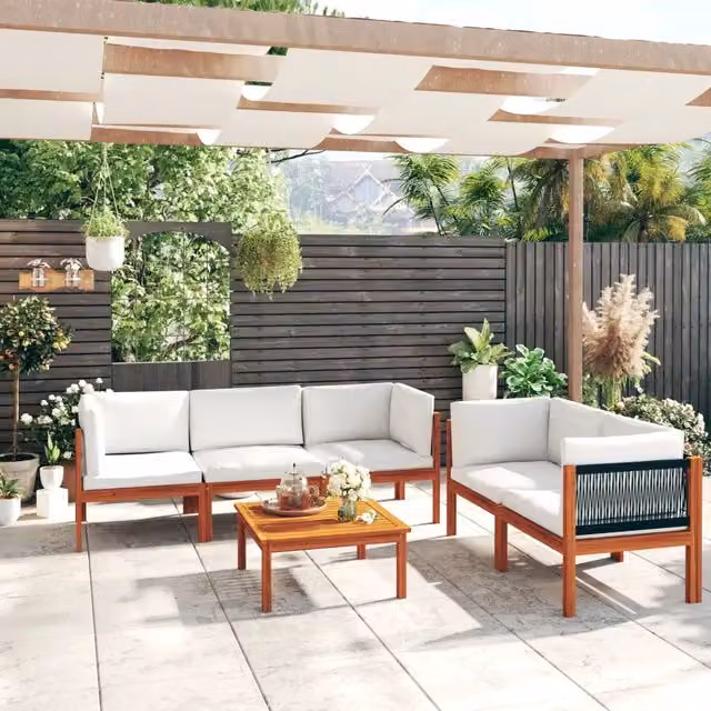 Set da giardino 6 pezzi con cuscini crema in legno acacia 3057886