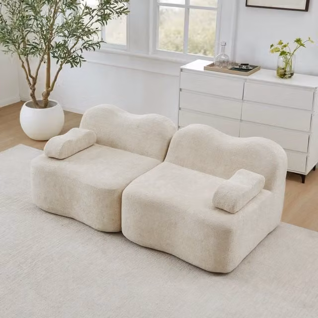 Divano Modulare 2 Posti Boneless ¨C MINIMAL ¨C Beige, Tessuto Morbido, Cuscini Profondi
