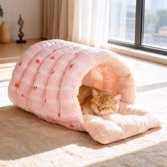 Cuccia accogliente per cani e gatti – rivestimento in peluche beige e tessuto in velluto – dimensioni 65 x 40 x 28 cm