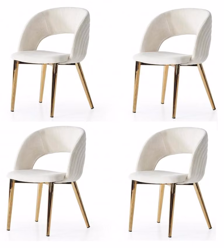 Set di 4 sedie moderne, rivestite in tessuto, confortevoli, bianche e dorate, morbide e comode
