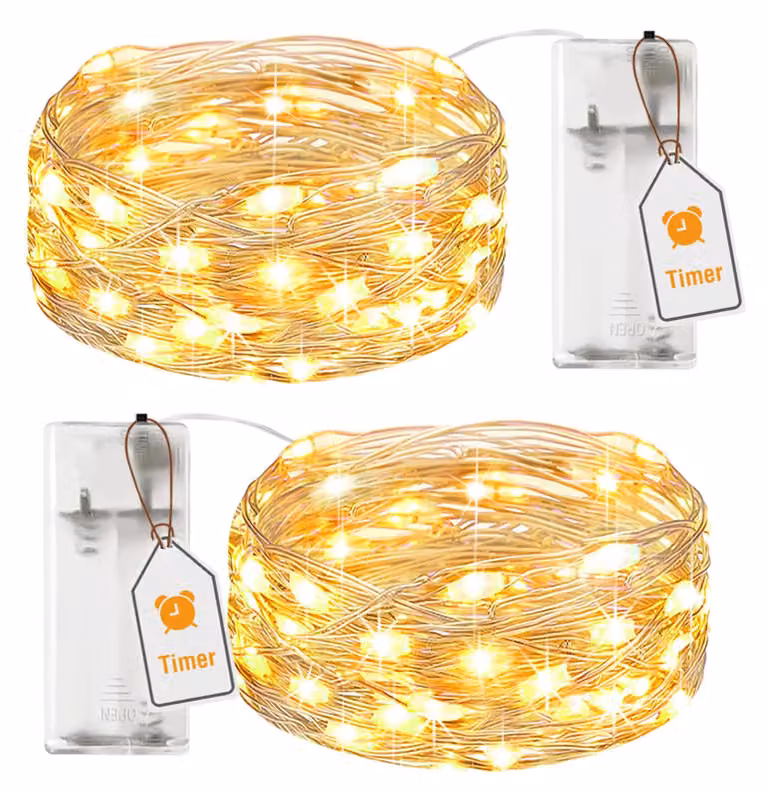Set di 2 catene luminose a LED, lunghezza 2 metri, 20 LED, luce bianco caldo, con timer, grado di protezione IP65